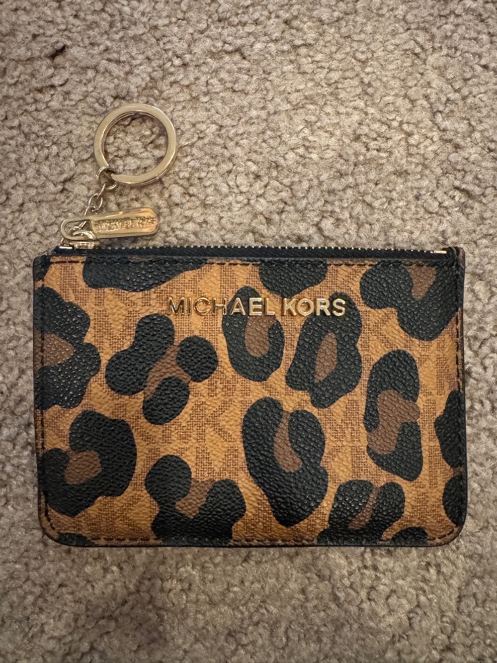 Michael Kors Leopard Print Zip Card Case with Keyring - Brown/Black/Gold